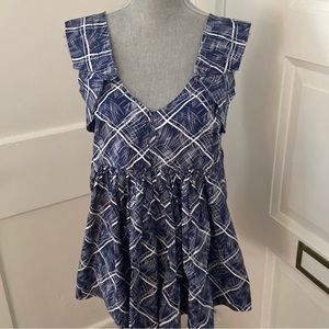 Anthropologie Girls from Savoy Blue & White Peplum pleated Sleeveless Blouse 8